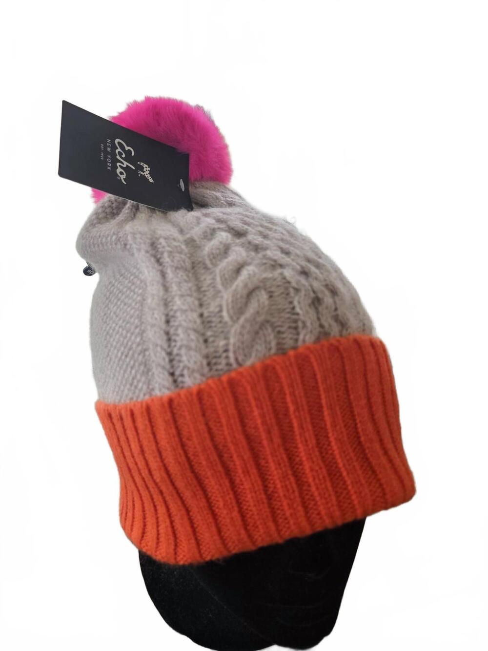 NEW ECHO color block cable knit wool & cashmere beanie in pebble